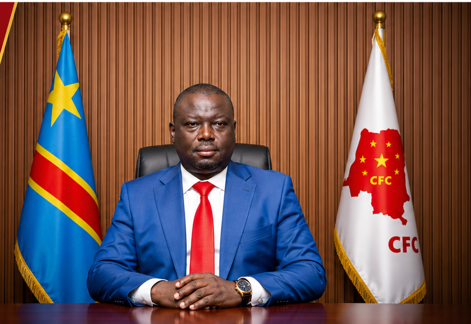 James Kenda Odu, Autorité morale de la Convention Fédérale du Congo, entre le drapeau de la RDC et le drapeau de la CFC